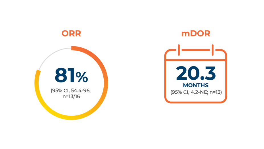 81% ORR (95% CI, 54.4-96; n=13/16). 20.3 Months mDOR (95% CI, 4.2-NE; n=13).